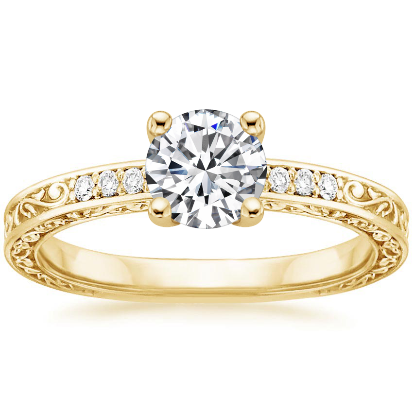 Round 18K Yellow Gold Delicate Antique Scroll Diamond Ring