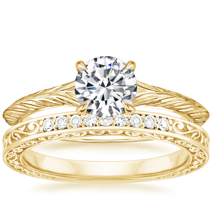 18K Yellow Gold Canela Ring with Delicate Antique Scroll Diamond Ring (1/15 ct. tw.)