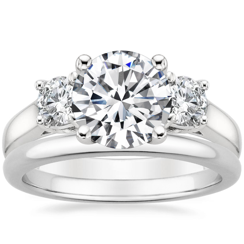 18K White Gold Three Stone Trellis Diamond Ring with 2mm Comfort Fit Wedding Ring