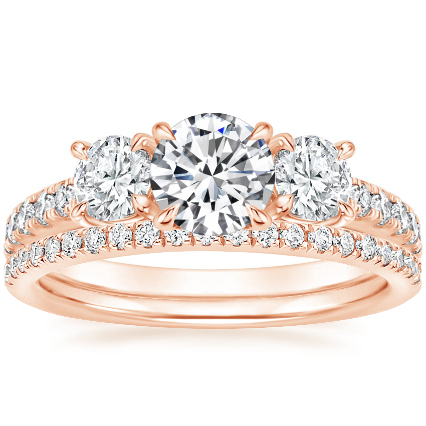 14K Rose Gold Constance Three Stone Diamond Ring (3/4 ct. tw.) with Ballad Diamond Ring (1/6 ct. tw.)