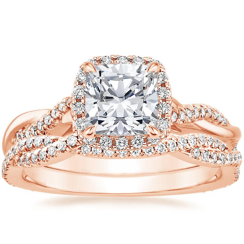 14K Rose Gold Petite Twisted Vine Halo Diamond Ring (1/4 ct. tw.) with Petite Luxe Twisted Vine Diamond Ring