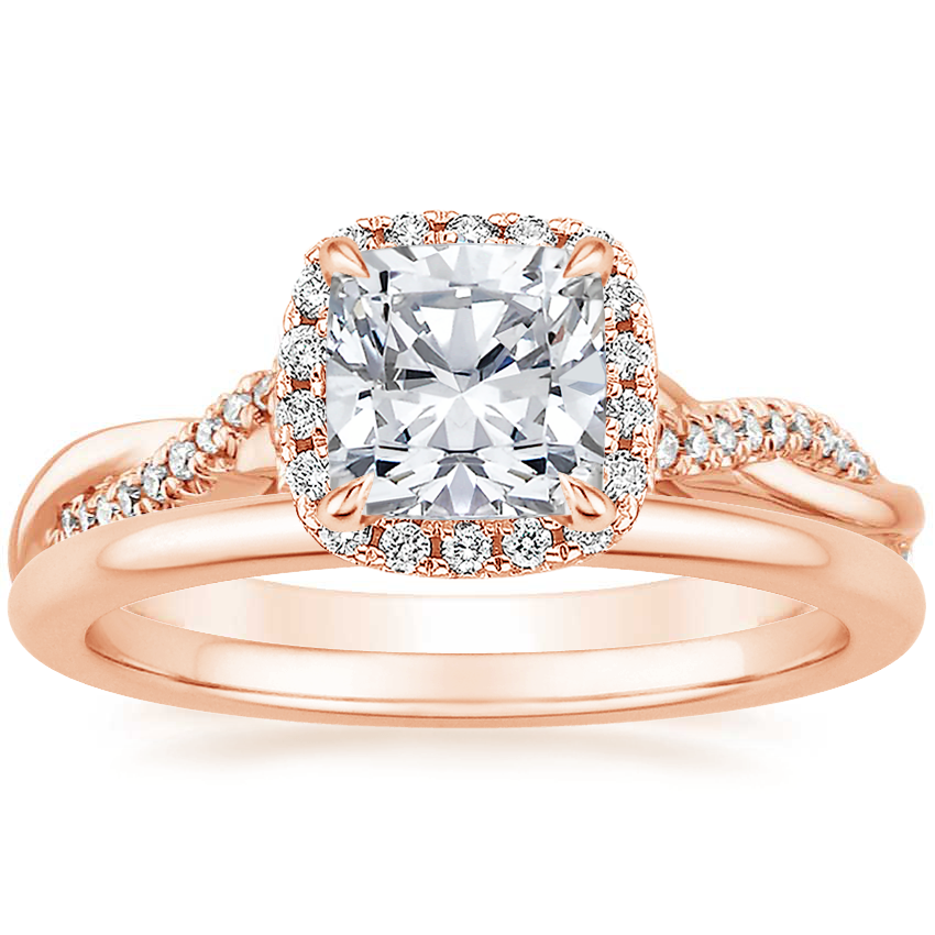 14K Rose Gold Petite Twisted Vine Halo Diamond Ring (1/4 ct. tw.) with Petite Comfort Fit Wedding Ring