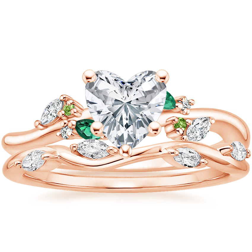 14K Rose Gold Arden Diamond Ring with Lab Emerald Accents with Winding Willow Diamond Ring