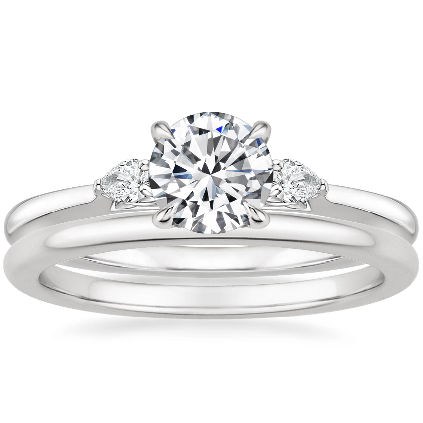 18K White Gold Perfect Fit Three Stone Pear Diamond Ring with Petite Comfort Fit Wedding Ring
