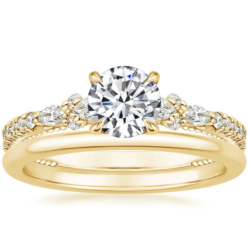 18K Yellow Gold Primrose Diamond Ring with Petite Comfort Fit Wedding Ring