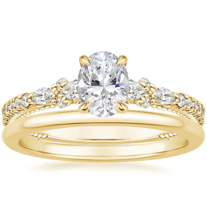 18K Yellow Gold Primrose Diamond Ring with Petite Comfort Fit Wedding Ring
