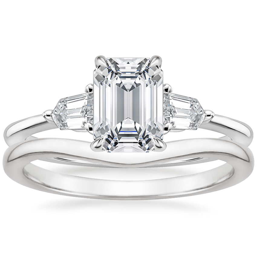 18K White Gold Bullet Shape Three Stone Diamond Ring with Petite Curved Wedding Ring