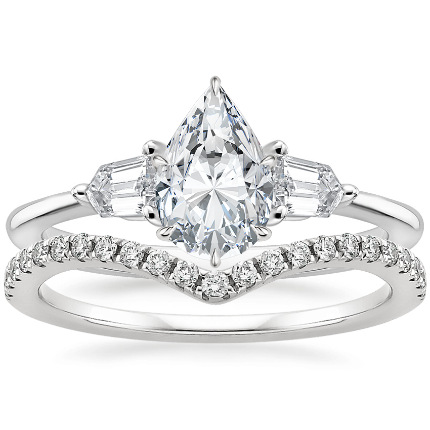 18K White Gold Bullet Shape Three Stone Diamond Ring with Flair Diamond Ring (1/6 ct. tw.)