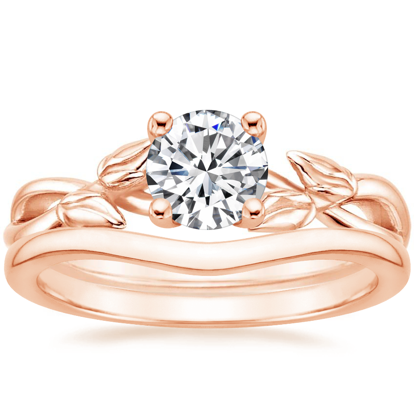 14K Rose Gold Budding Willow Ring with Petite Curved Wedding Ring