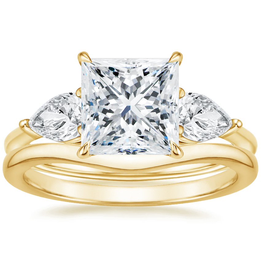 14K Yellow Gold Luxe Opera Three Stone Diamond Ring with Petite Curved Wedding Ring