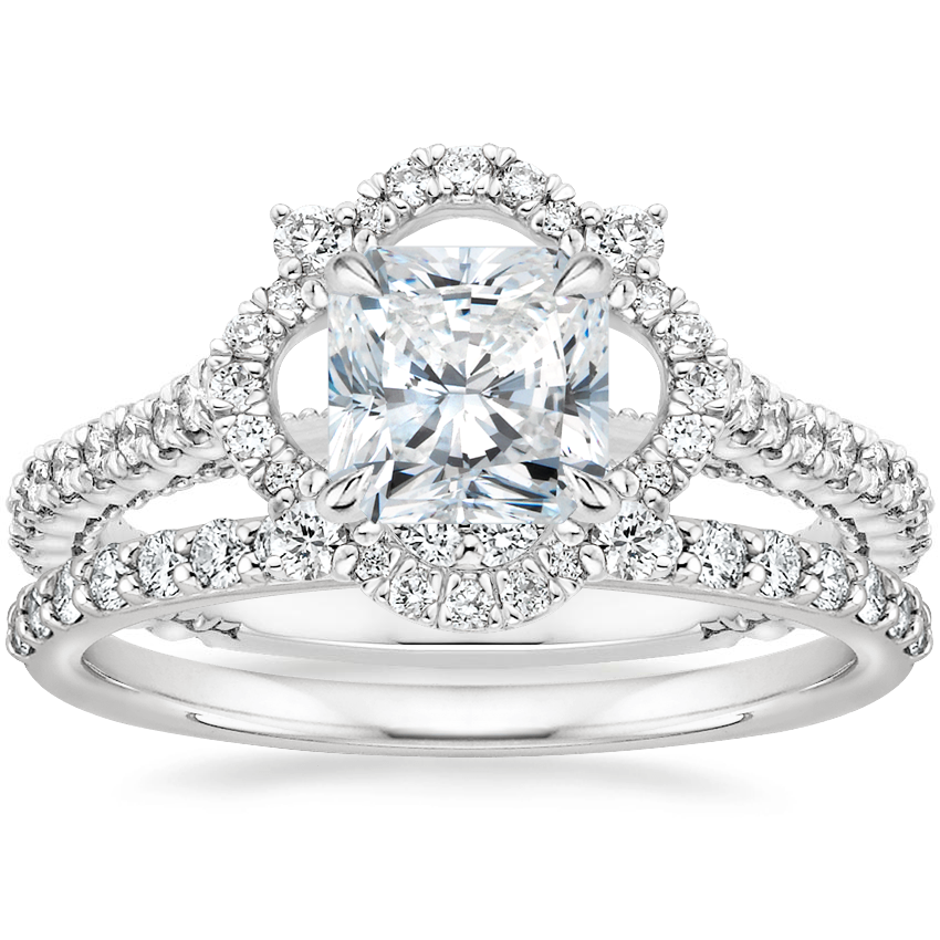 18K White Gold Fleur Halo Diamond Ring with Petite Shared Prong Diamond Ring (1/4 ct. tw.)