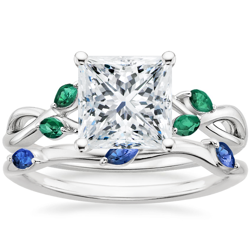 18K White Gold Willow Ring With Lab Emerald Accents with Willow Contoured Ring With Sapphire Accents