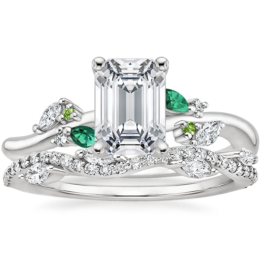 Platinum Arden Diamond Ring with Lab Emerald Accents with Luxe Winding Willow Diamond Ring (1/4 ct. tw.)