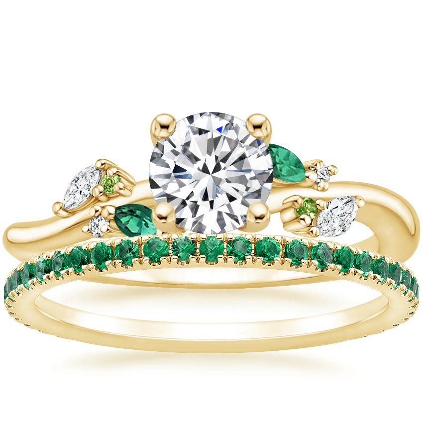 18K Yellow Gold Arden Diamond Ring with Lab Emerald Accents with Luxe