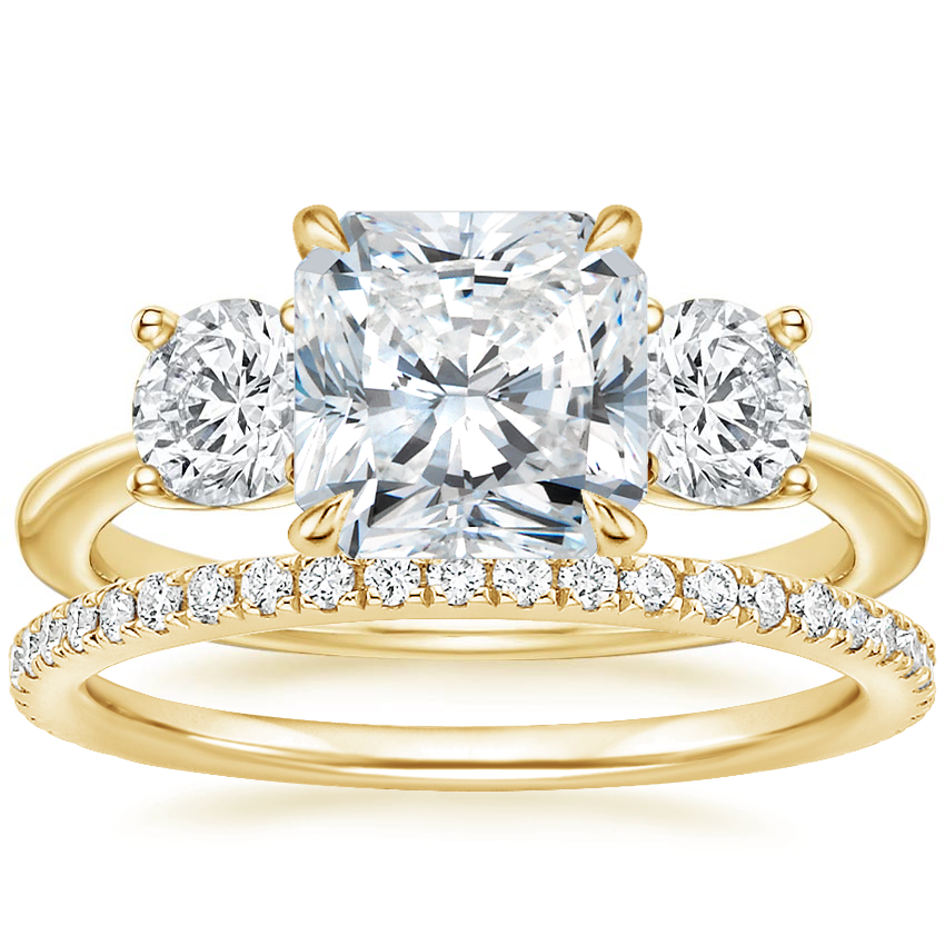 18K Yellow Gold Luxe Selene Three Stone Diamond Ring (2/3 ct. tw.) with Luxe Ballad Diamond Ring (1/4 ct. tw.)