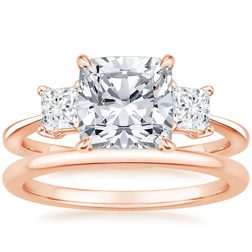 14K Rose Gold Princess Cut Three Stone Diamond Ring with Petite Comfort Fit Wedding Ring