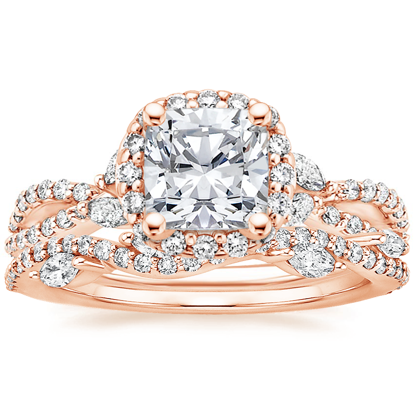 14K Rose Gold Luxe Willow Halo Diamond Ring (1/2 ct. tw.) with Luxe Winding Willow Diamond Ring (1/4 ct. tw.)