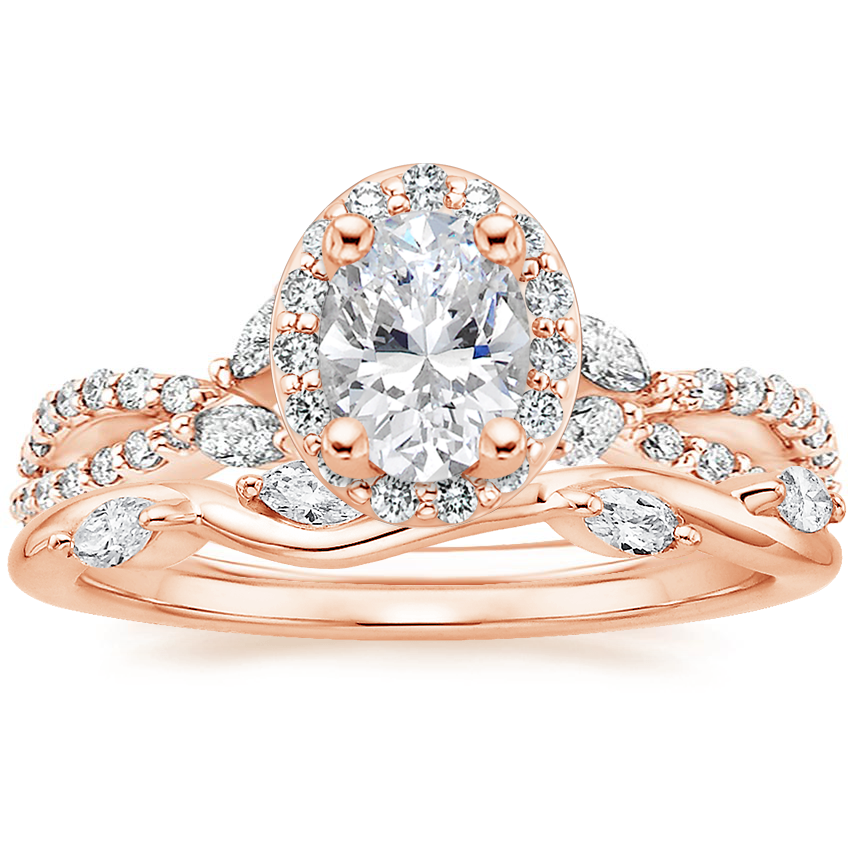 14K Rose Gold Luxe Willow Halo Diamond Ring (1/2 ct. tw.) with Winding Willow Diamond Ring (1/8 ct. tw.)