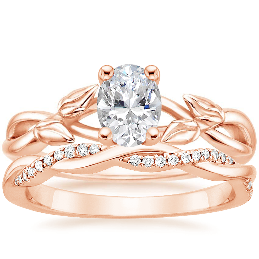 14K Rose Gold Budding Willow Ring with Petite Twisted Vine Diamond Ring (1/8 ct. tw.)