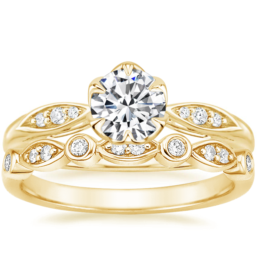 18K Yellow Gold Peony Diamond Ring with Coronet Diamond Ring