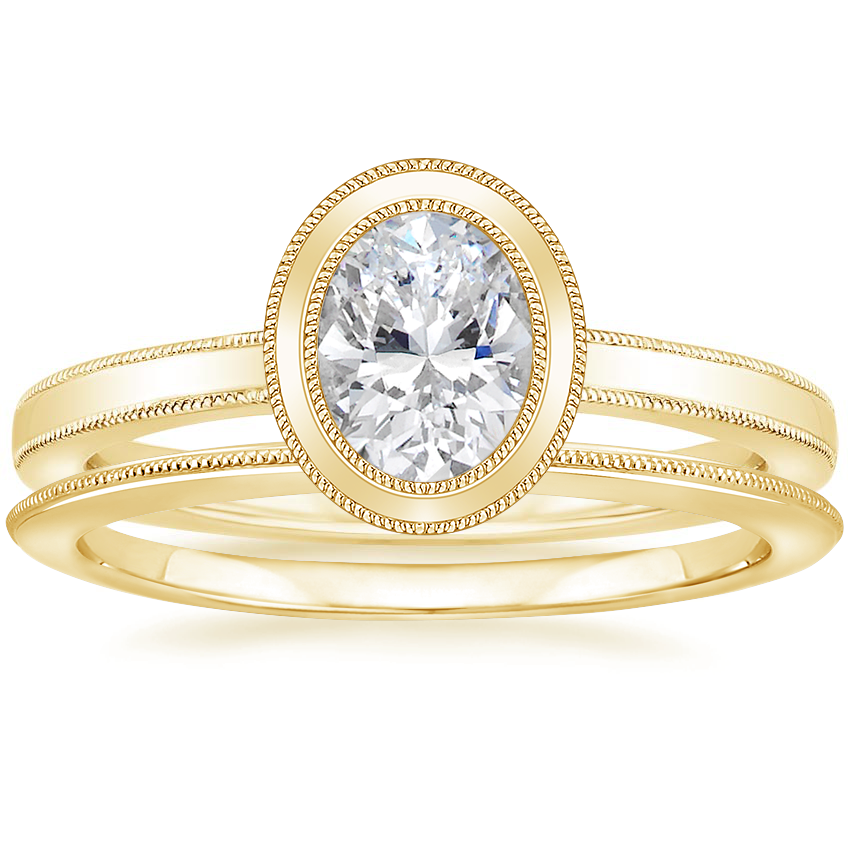 18K Yellow Gold Blair Bezel Ring with Aimee Milgrain Wedding Ring