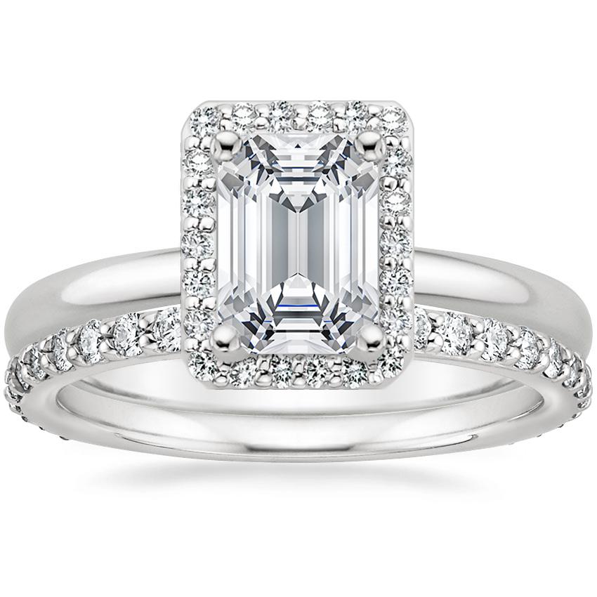 18K White Gold Fancy Halo Diamond Ring (1/8 ct. tw.) with Petite Shared Prong Eternity Diamond Ring (1/2 ct. tw.)