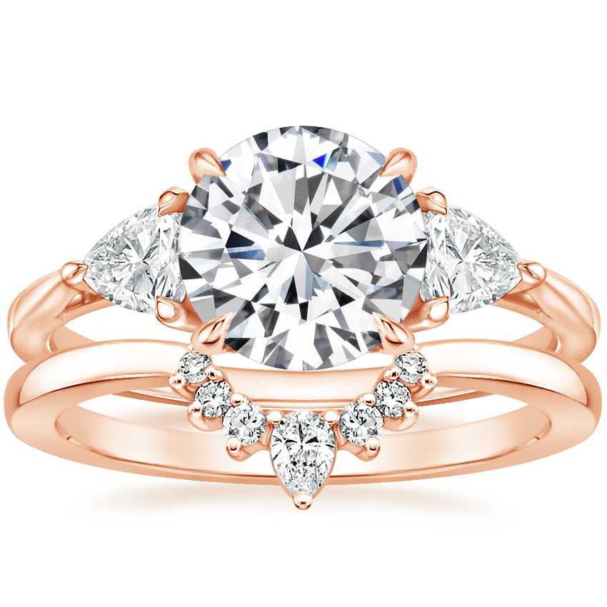 14K Rose Gold Luxe Trillion Cut Three Stone Diamond Ring with Lunette Diamond Ring