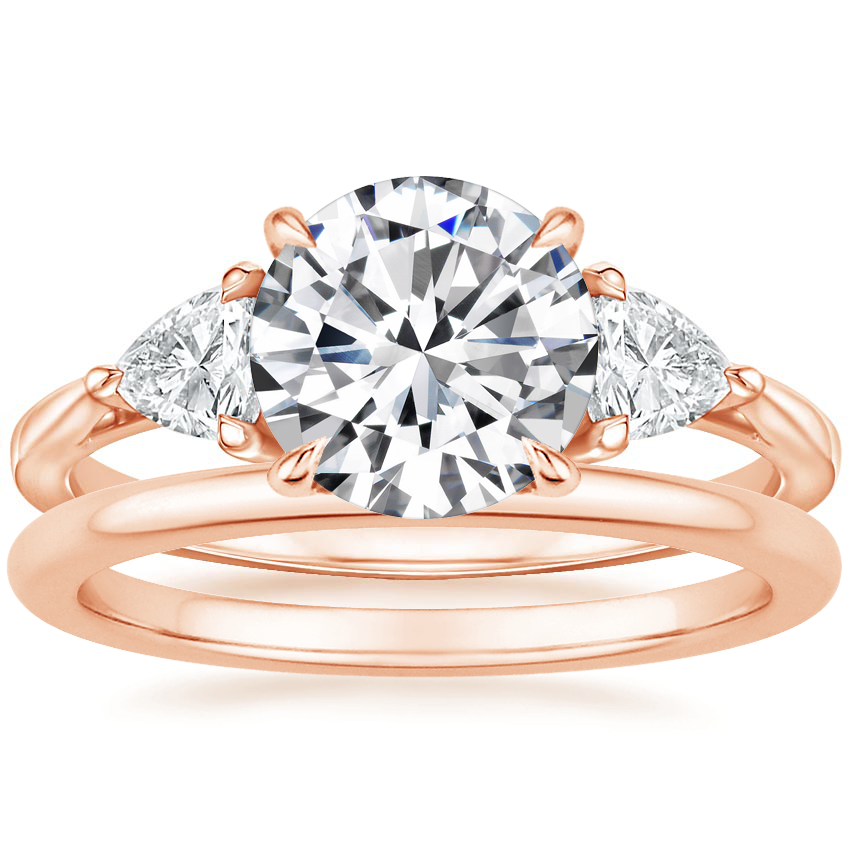 14K Rose Gold Luxe Trillion Cut Three Stone Diamond Ring with Petite Comfort Fit Wedding Ring