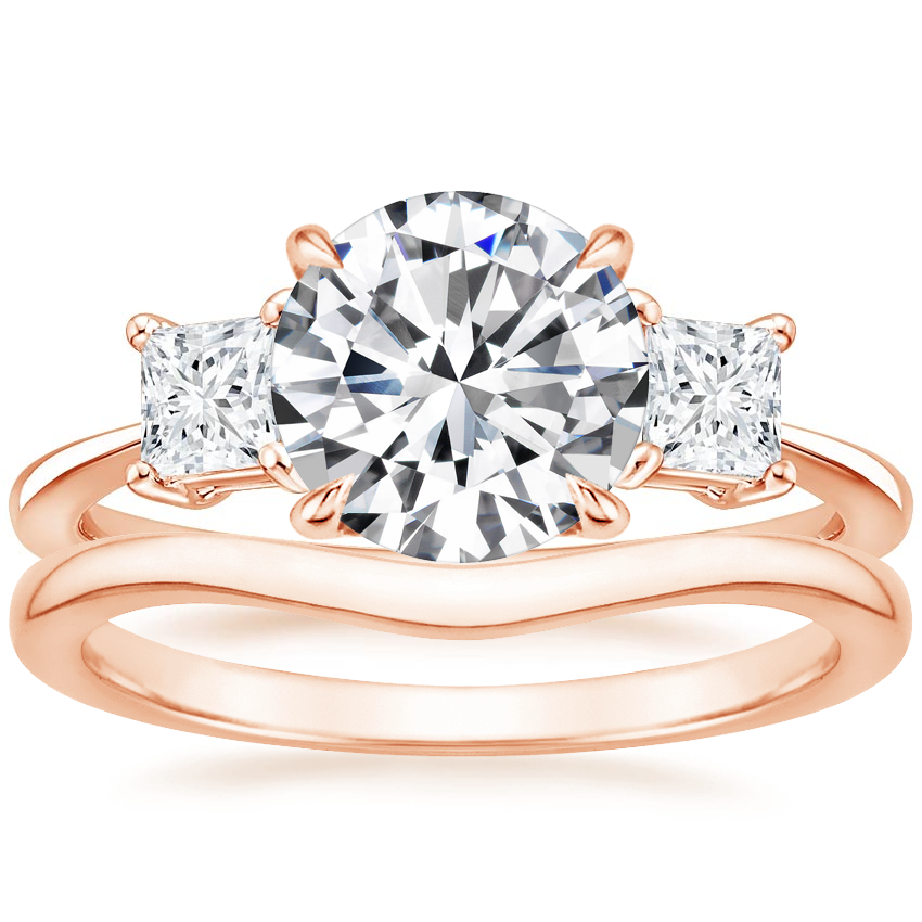 14K Rose Gold Princess Cut Three Stone Diamond Ring with Petite Curved Wedding Ring