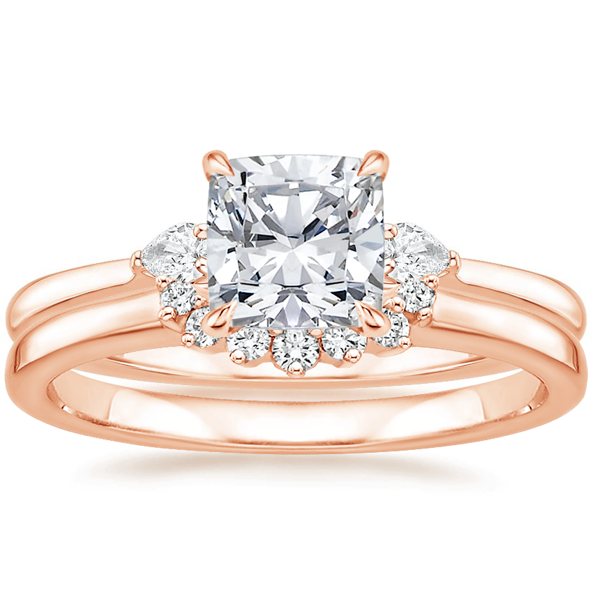 14K Rose Gold Perfect Fit Three Stone Pear Diamond Ring with Crescent Diamond Ring