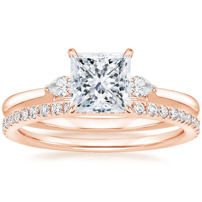 14K Rose Gold Perfect Fit Three Stone Pear Diamond Ring with Luxe Ballad Diamond Ring