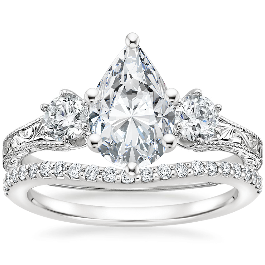 18K White Gold Three Stone Hudson Diamond Ring (1/3 ct. tw.) with Curved Diamond Ring (1/6 ct. tw.)