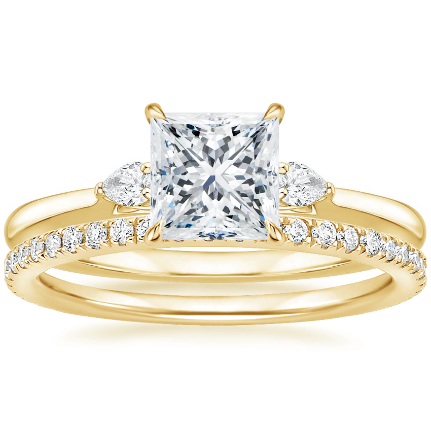 18K Yellow Gold Perfect Fit Three Stone Pear Diamond Ring with Luxe Ballad Diamond Ring