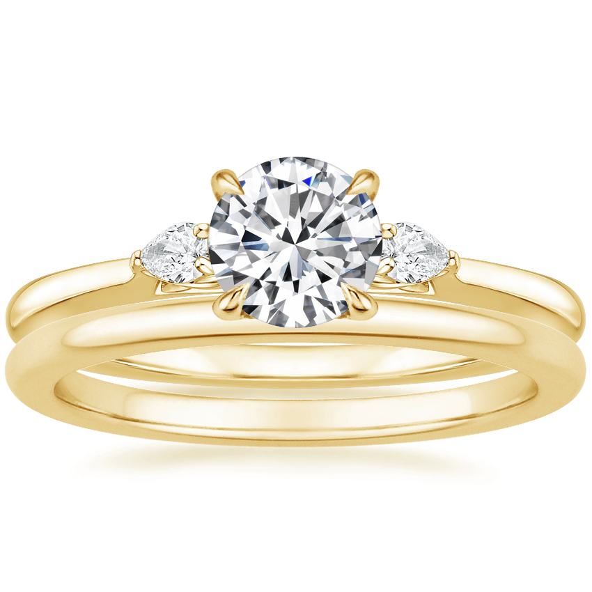 18K Yellow Gold Perfect Fit Three Stone Pear Diamond Ring with Petite Comfort Fit Wedding Ring