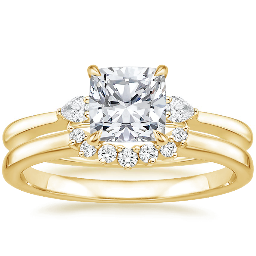 18K Yellow Gold Perfect Fit Three Stone Pear Diamond Ring with Crescent Diamond Ring