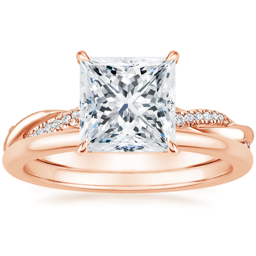 14K Rose Gold Petite Twisted Vine Hidden Halo Diamond Ring with Petite Comfort Fit Wedding Ring