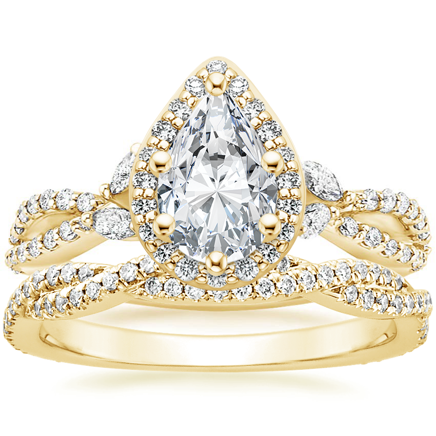 18K Yellow Gold Luxe Willow Halo Diamond Ring (2/5 ct. tw.) with Petite Luxe Twisted Vine Diamond Ring (1/4 ct. tw.)