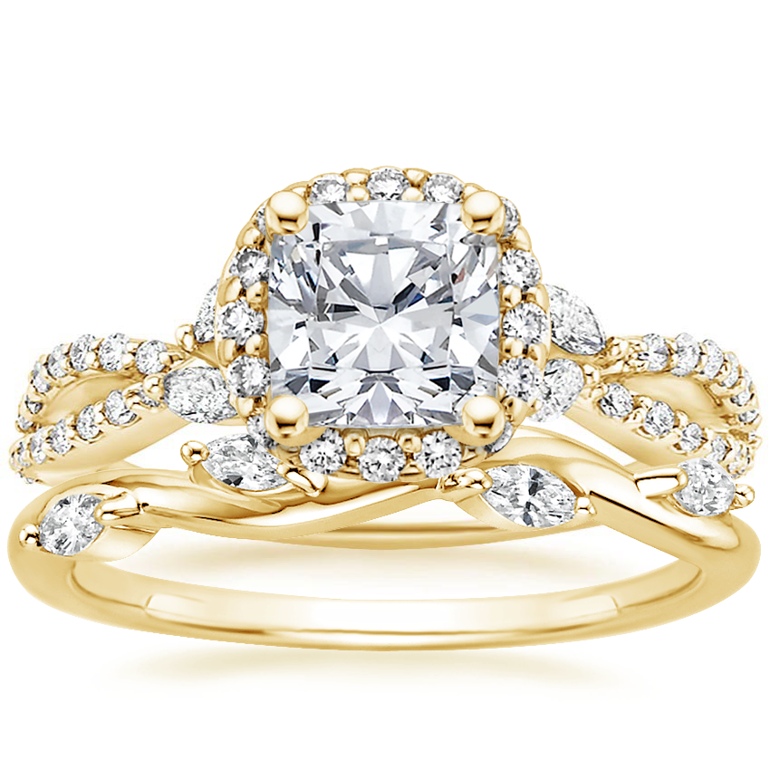 18K Yellow Gold Luxe Willow Halo Diamond Ring (1/2 ct. tw.) with Winding Willow Diamond Ring (1/8 ct. tw.)