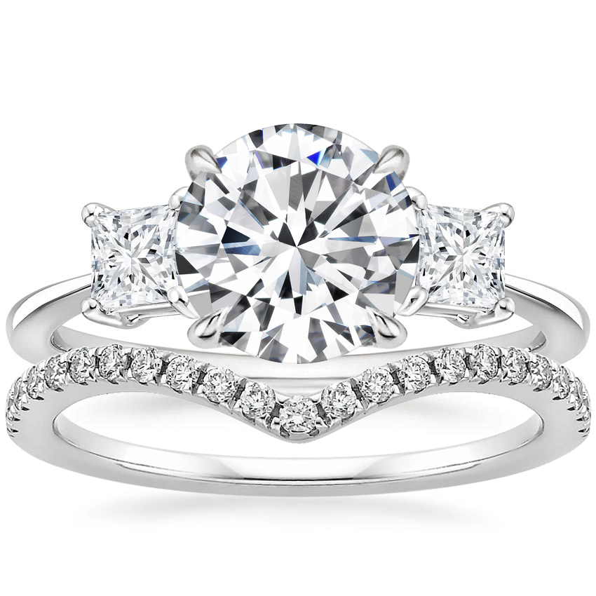 18K White Gold Princess Cut Three Stone Diamond Ring with Flair Diamond Ring (1/6 ct. tw.)