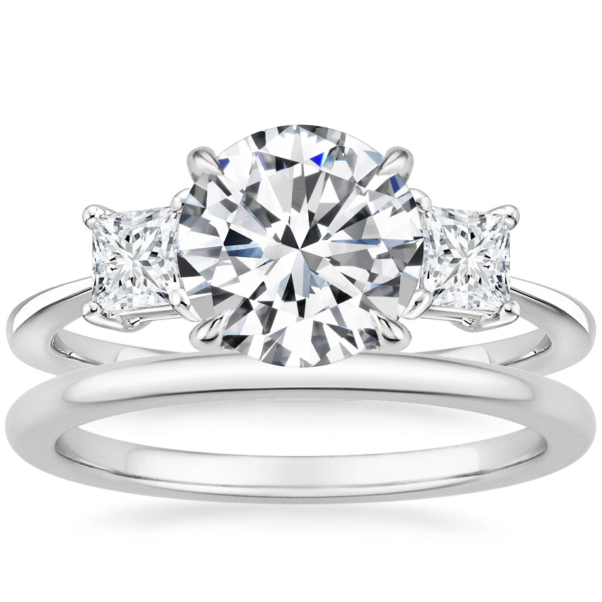 Platinum Princess Cut Three Stone Diamond Ring with Petite Comfort Fit Wedding Ring