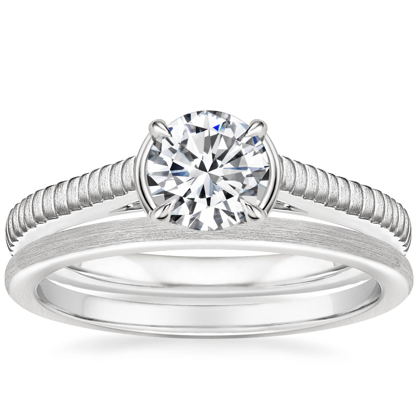 18K White Gold Jade Trau Satin Esthética Solitaire Ring with Satin Petite Comfort Fit Wedding Ring