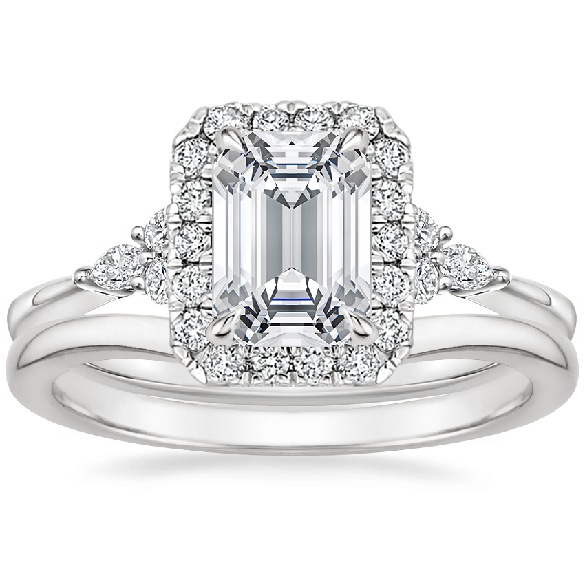 18K White Gold Nadia Halo Diamond Ring with Petite Curved Wedding Ring