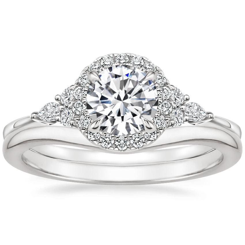 18K White Gold Nadia Halo Diamond Ring with Petite Curved Wedding Ring