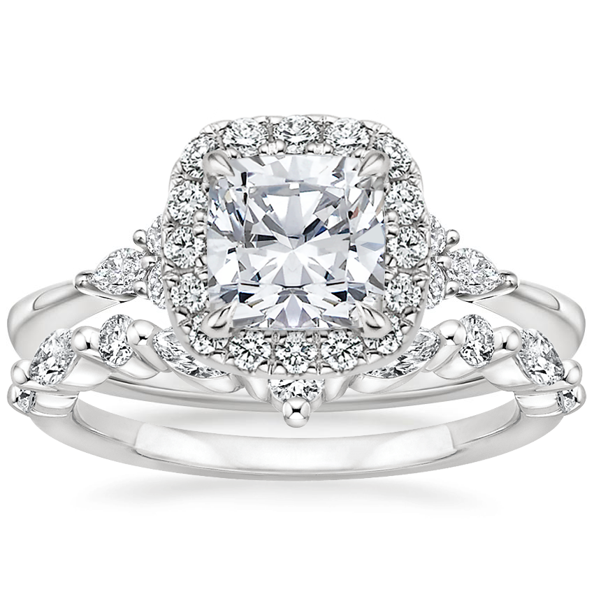 18K White Gold Nadia Halo Diamond Ring (1/4 ct. tw.) with Curved Versailles Diamond Ring