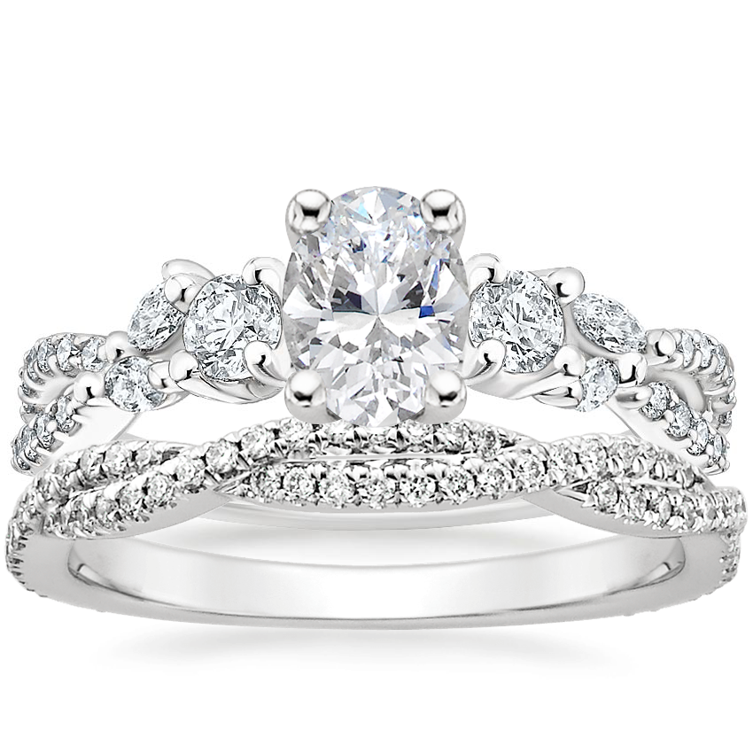 18K White Gold Three Stone Luxe Willow Diamond Ring (1/2 ct. tw.) with Petite Luxe Twisted Vine Diamond Ring (1/4 ct. tw.)