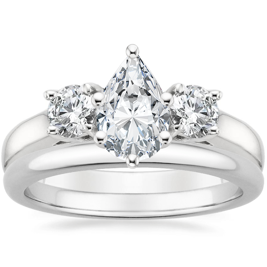 Platinum Three Stone Trellis Diamond Ring with 2mm Comfort Fit Wedding Ring