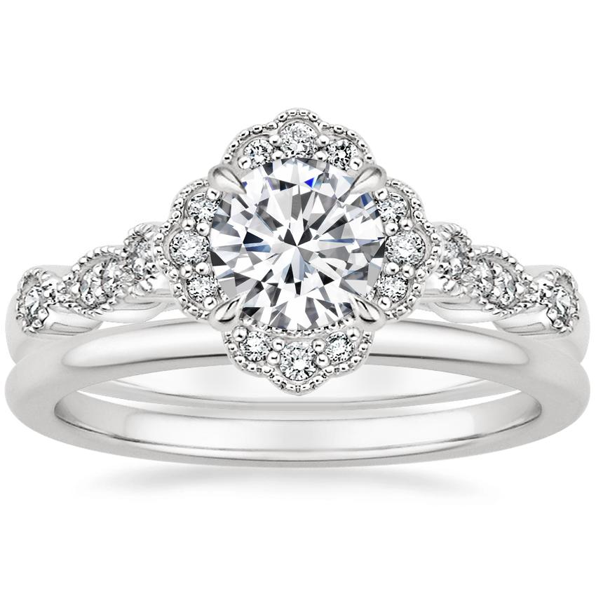Platinum Tiara Halo Diamond Ring with Petite Comfort Fit Wedding Ring