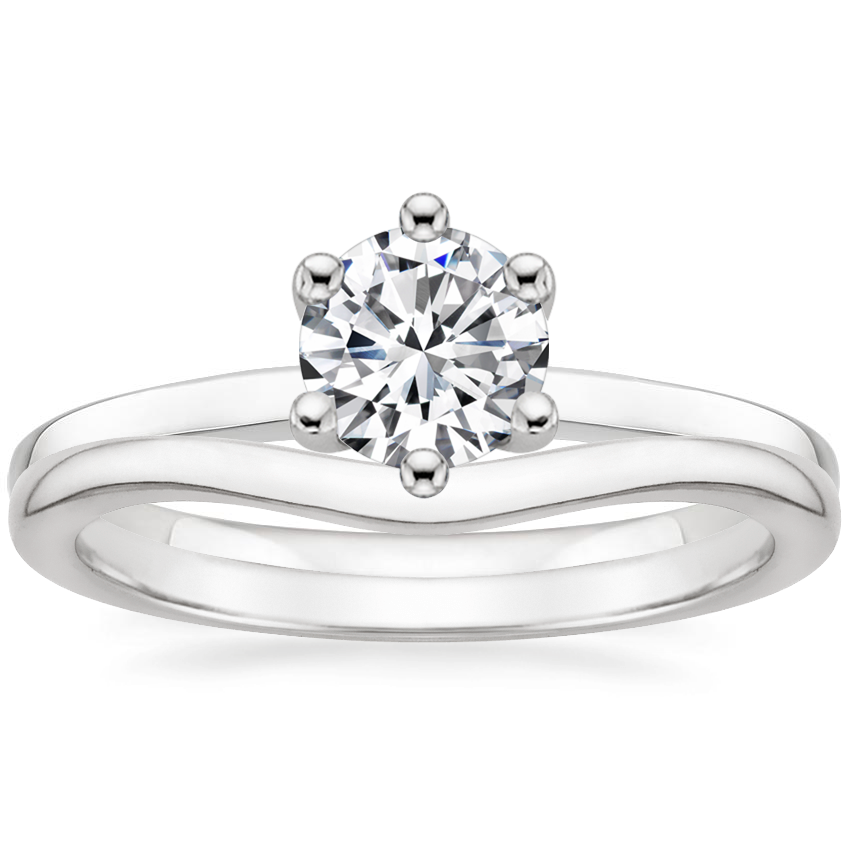 Platinum Six Prong Hidden Halo Diamond Ring with Petite Curved Wedding Ring