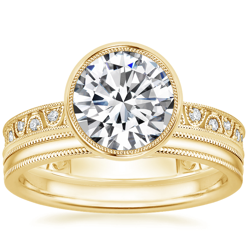 18K Yellow Gold Sinclair Art Deco Diamond Ring (1/6 ct. tw.) with 2mm Milgrain Wedding Ring