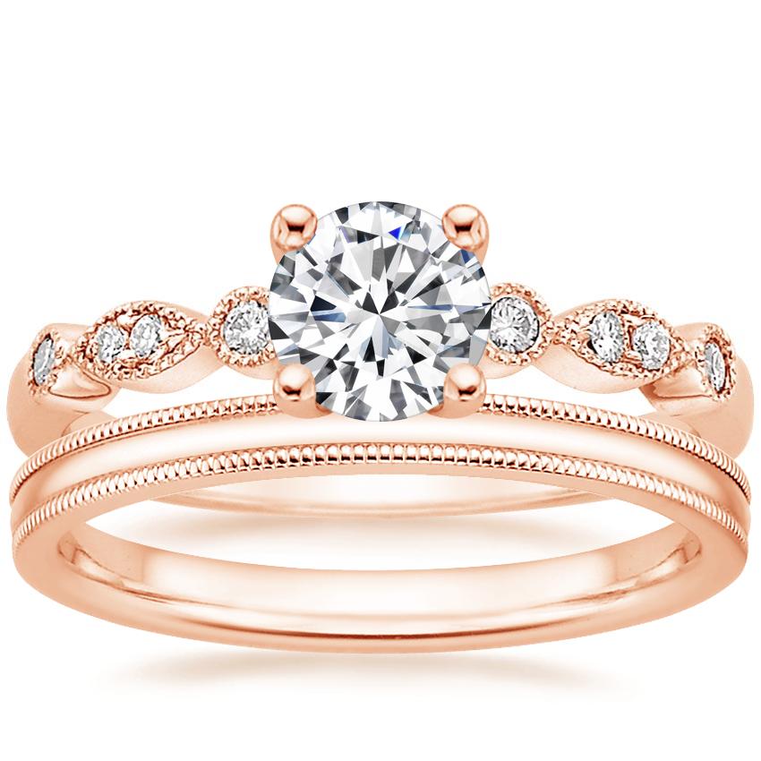 14K Rose Gold Tiara Diamond Ring with 2mm Milgrain Wedding Ring